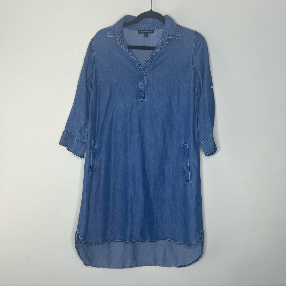 Saks Fifth Avenue Denim Collar Shirt MIDI Dress with Pockets Comfy Casual sz S